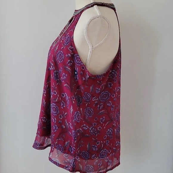 Hollister Burgundy Halter Beaded Neckline Floral Tank Blouse Size Small - Picture 6 of 13